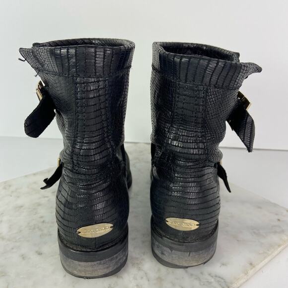Jimmy Choo Black Biker Boots Moto Combat Buckle Croc Embossed 36.5 $1195 - Picture 5 of 13